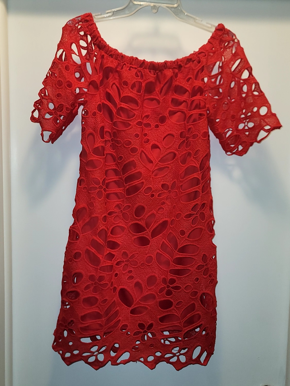 PrettyGarden Red Off-Shoulder Laser-Cut Lace Shift Dress